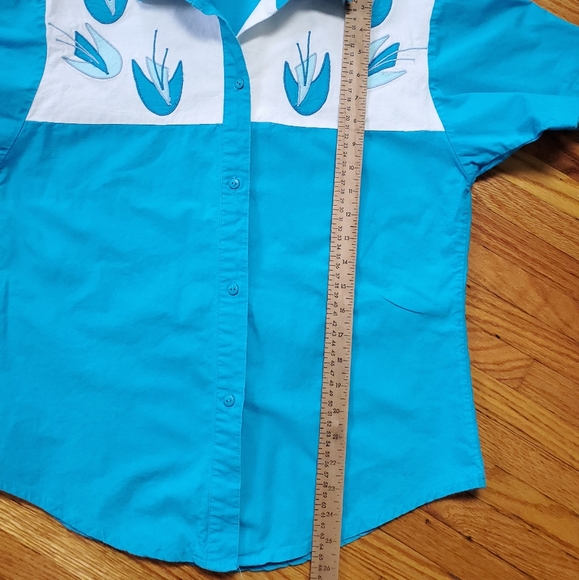 Vintage Blair Camp Shirt Blue White Atomic Applique Floral Medium - Picture 8 of 9